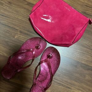 Women’s Accessories Pink Glitter Flip Flops and Pink Lancôme Shiny Large Pouch